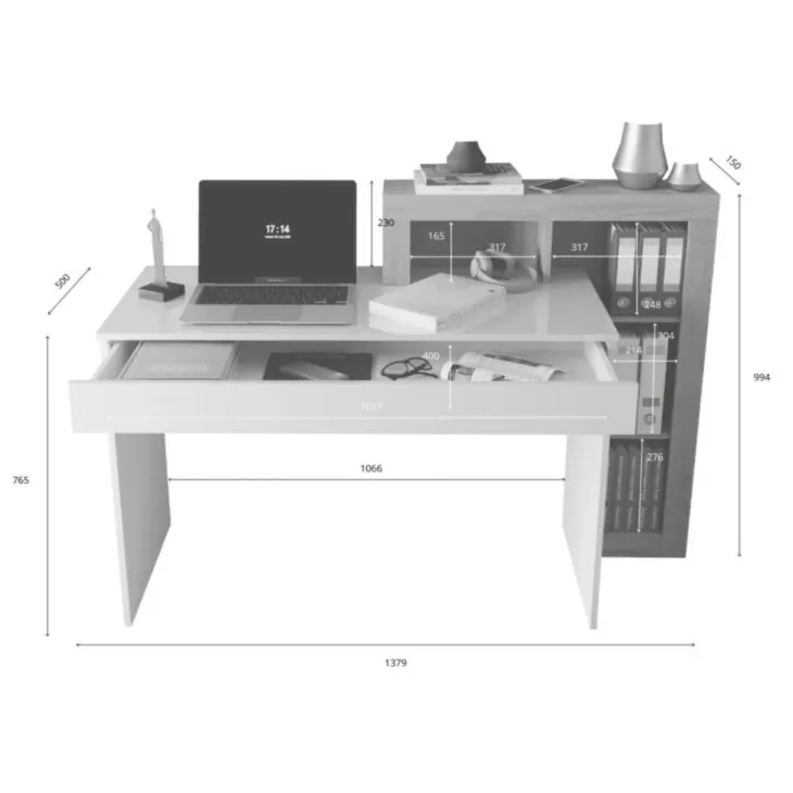 Scrivania 138x50cm con libreria e 1 cassetto bianco lucido rovere Invictus