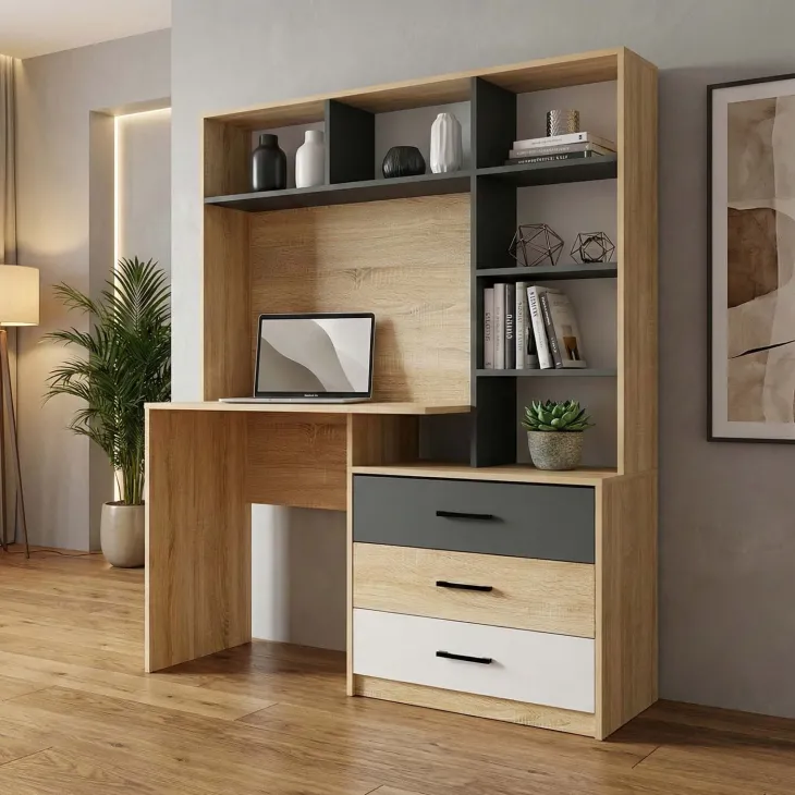 Scrivania 130x53cm moderna con cassetti rovere antracite bianco Chiaretto