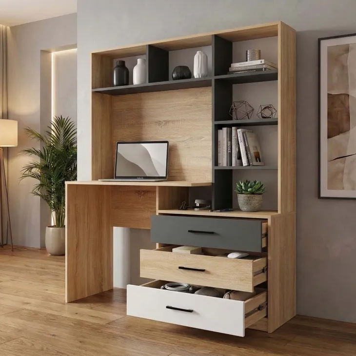 Scrivania 130x53cm moderna con cassetti rovere antracite bianco Chiaretto
