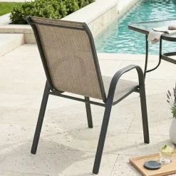 Sedia da giardino con braccioli impilabile in metallo nero e textilene beige Nava