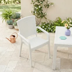 Sedia da giardino esterno bar impilabile con braccioli polipropilene effetto rattan bianco Maddy