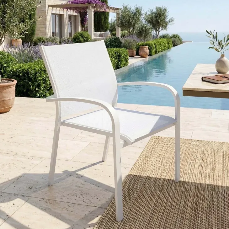Sedia da giardino impilabile con braccioli tondi in alluminio e textilene bianco Brezza