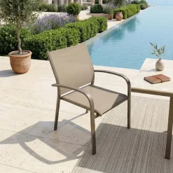 Sedia da giardino impilabile con braccioli tondi in alluminio e textilene tortora Brezza