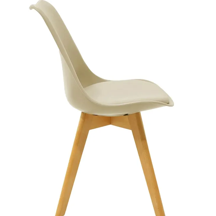 Sedia da pranzo scandinava polipropilene beige cuscino similpelle gambe legno Riccia