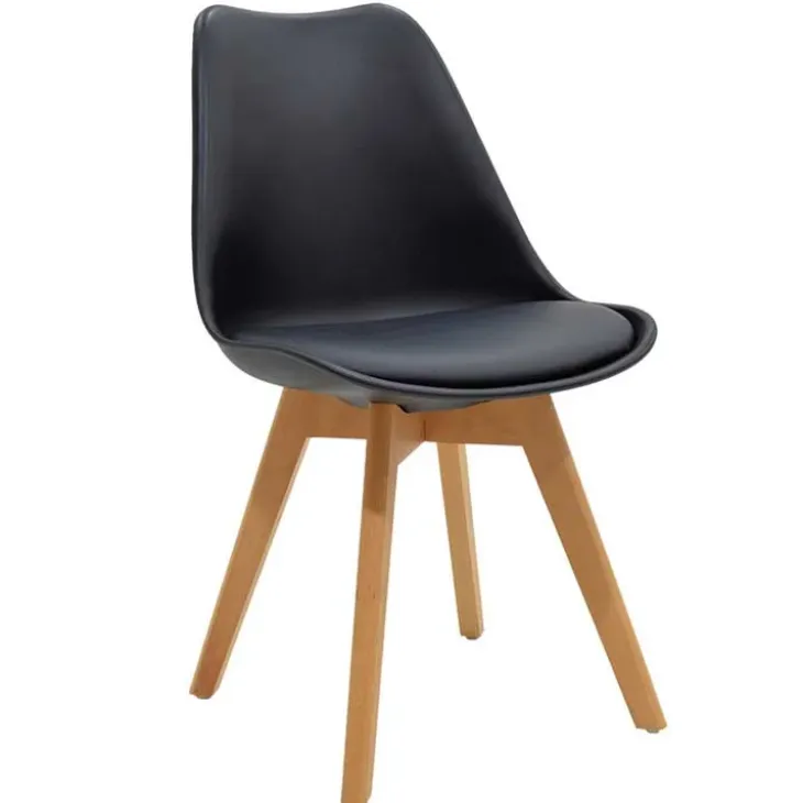 Sedia da pranzo scandinava polipropilene nero cuscino similpelle gambe legno Riccia