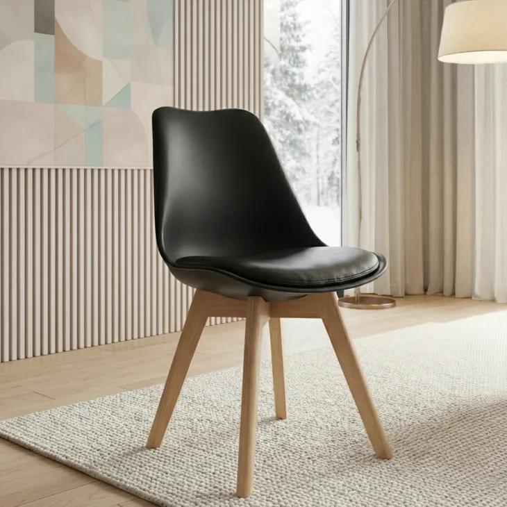 Sedia da pranzo scandinava polipropilene nero cuscino similpelle gambe legno Riccia