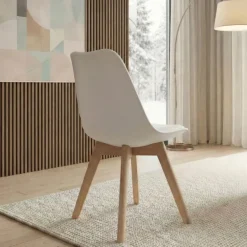 Sedia da pranzo scandinava polipropilene bianco cuscino similpelle gambe legno Riccia