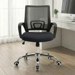 Sedia da ufficio girevole in tessuto con ruote e struttura nera Mesh