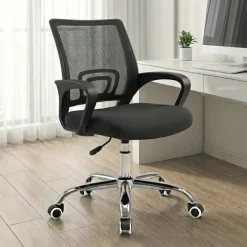 Sedia da ufficio girevole in tessuto con ruote e struttura nera Mesh