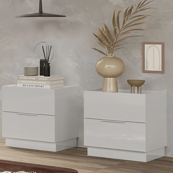 Set 2 comodini 50x52h cm 2 cassetti bianco lucido Silky
