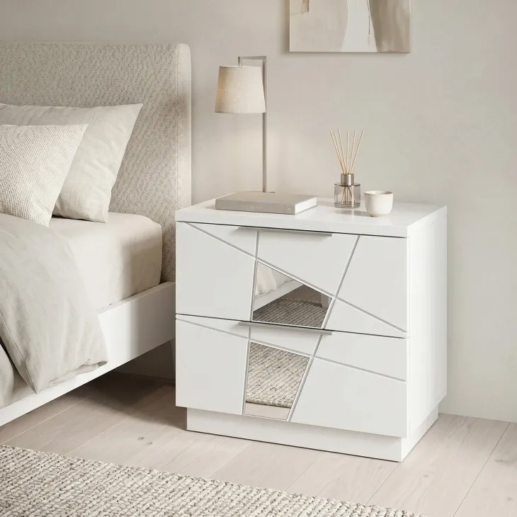 Set 2 comodini 51x48h cm con cassetti bianco opaco frassinato con serigrafia e specchio Olimpo