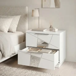 Set 2 comodini 51x48h cm con cassetti bianco opaco frassinato con serigrafia e specchio Olimpo