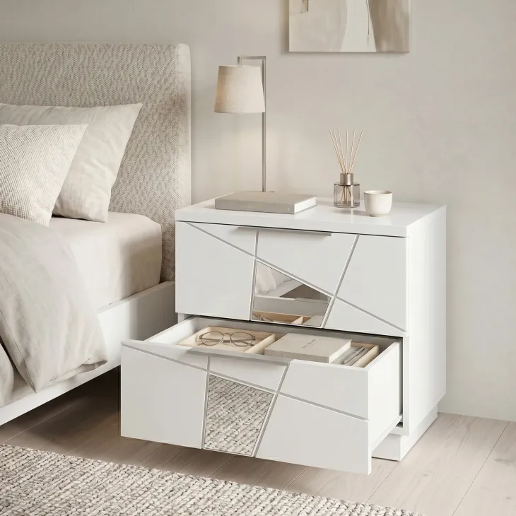 Set 2 comodini 51x48h cm con cassetti bianco opaco frassinato con serigrafia e specchio Olimpo