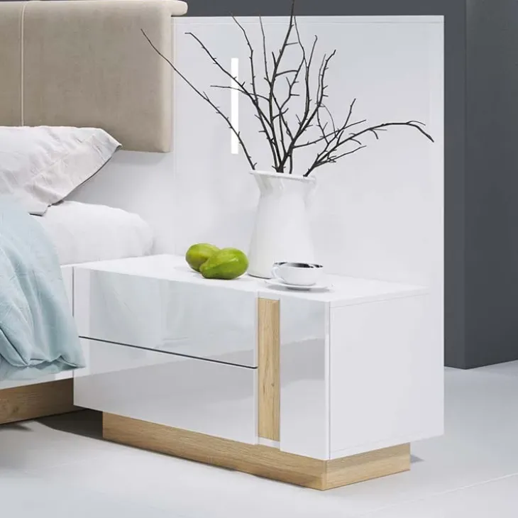 Set 2 comodini 60x102h cm design bianco lucido rovere Noa