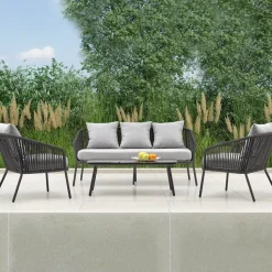 Set da giardino divano, poltrona, tavolino in vetro grigio Dalian