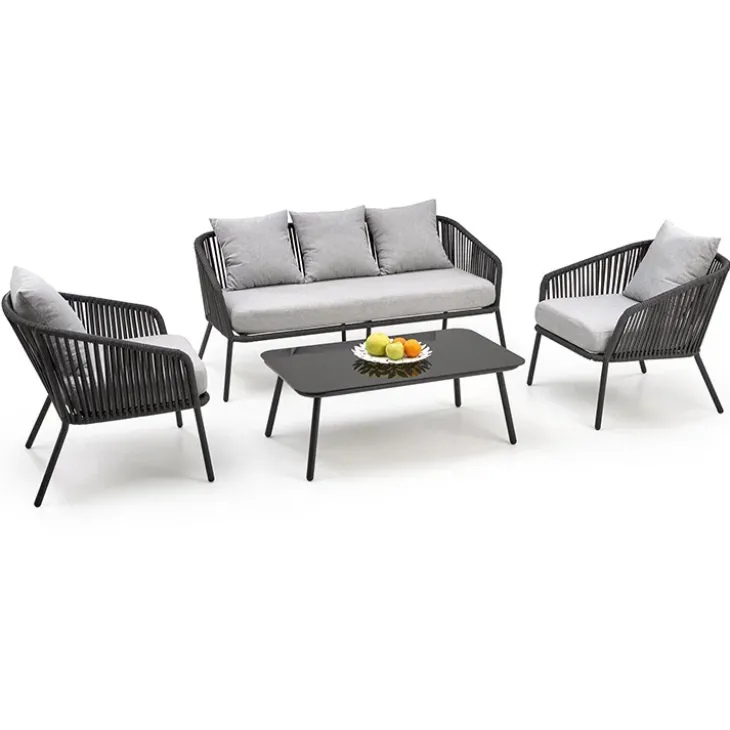 Set da giardino divano, poltrona, tavolino in vetro grigio Dalian