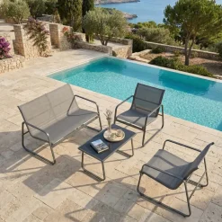 Set giardino relax 75x45cm 2 sedie divano e tavolino acciaio grigio Eden