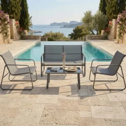 Set giardino relax 75x45cm 2 sedie divano e tavolino acciaio grigio Eden