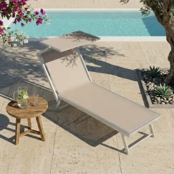 Set 2 lettini prendisole reclinabili in alluminio e textilene beige con tettuccio Apollo