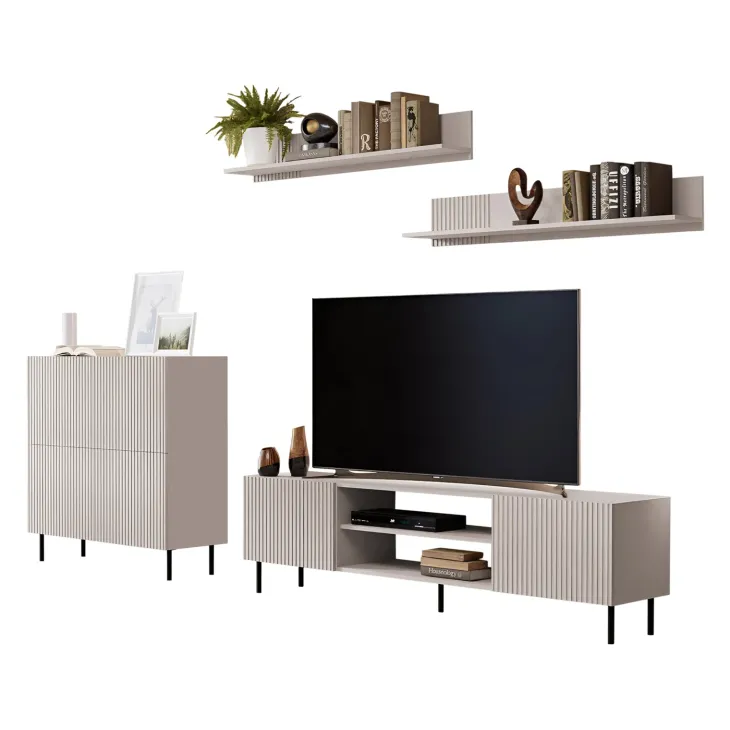 Set mobili soggiorno completo con frontali cannettati beige Ziggy 4
