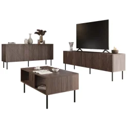 Set mobili soggiorno completo noce scuro con frontali serigrafati Savanna