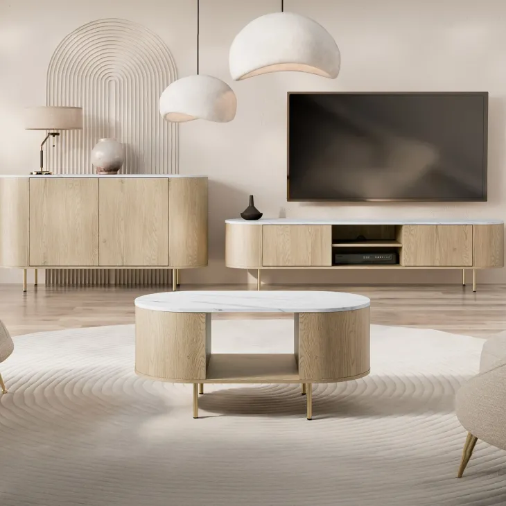 Set mobili soggiorno completo rovere effetto marmo bianco Roundi