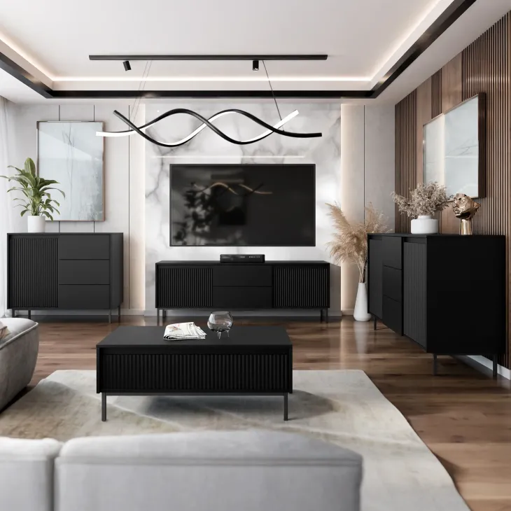 Set mobili soggiorno completo design cannettato nero Strike