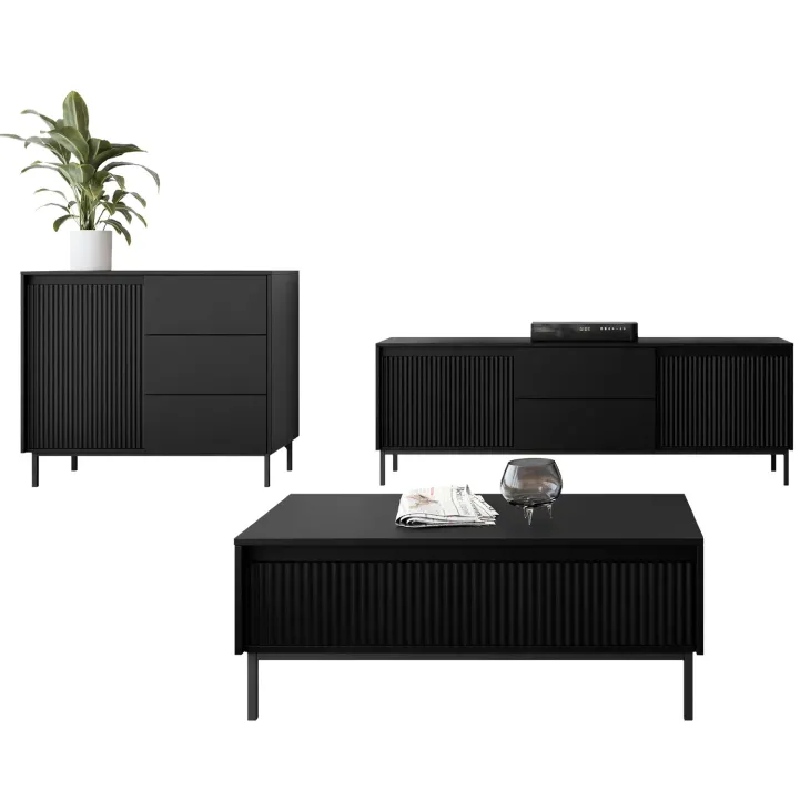 Set mobili soggiorno completo design cannettato nero Strike 2