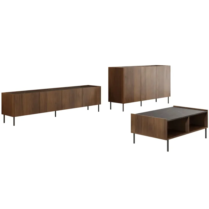 Set mobili soggiorno completo ripiano effetto marmo nero noce Caliva