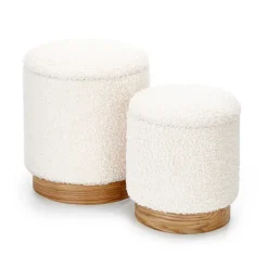 Set 2 pouf rotondi contenitore imbottiti panna rovere Masato