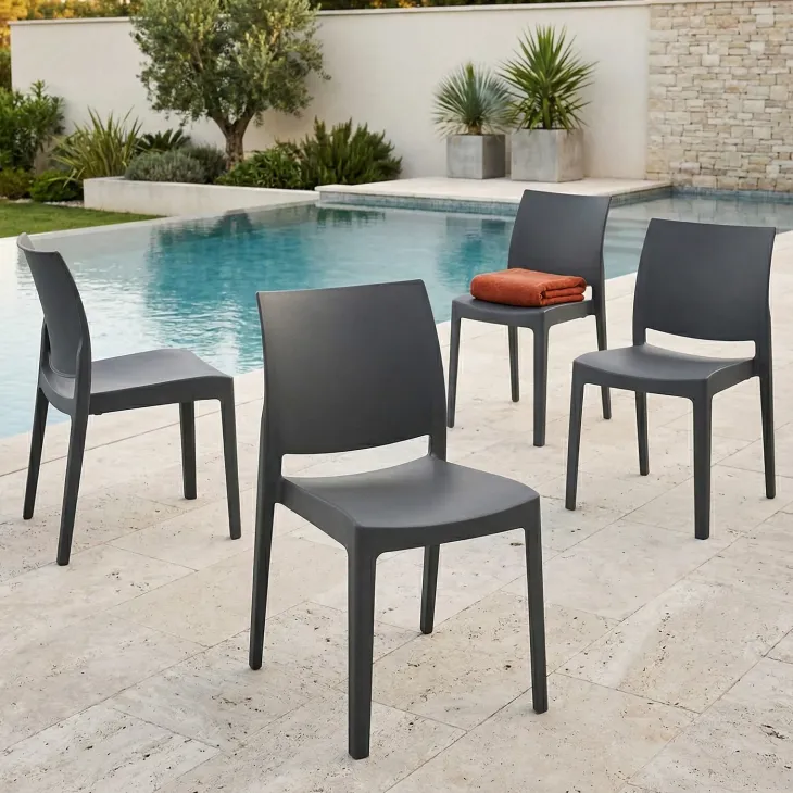 Set 4 sedie da giardino esterno bar dehors impilabili polipropilene grigio Velum