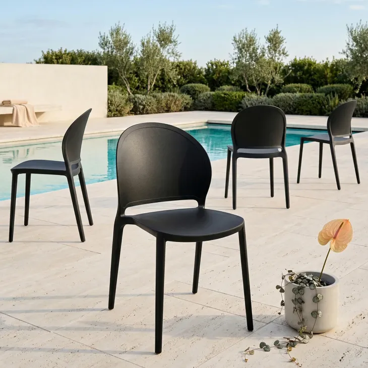 Set 4 sedie da giardino esterno bar dehors impilabili in polipropilene nero Pelican