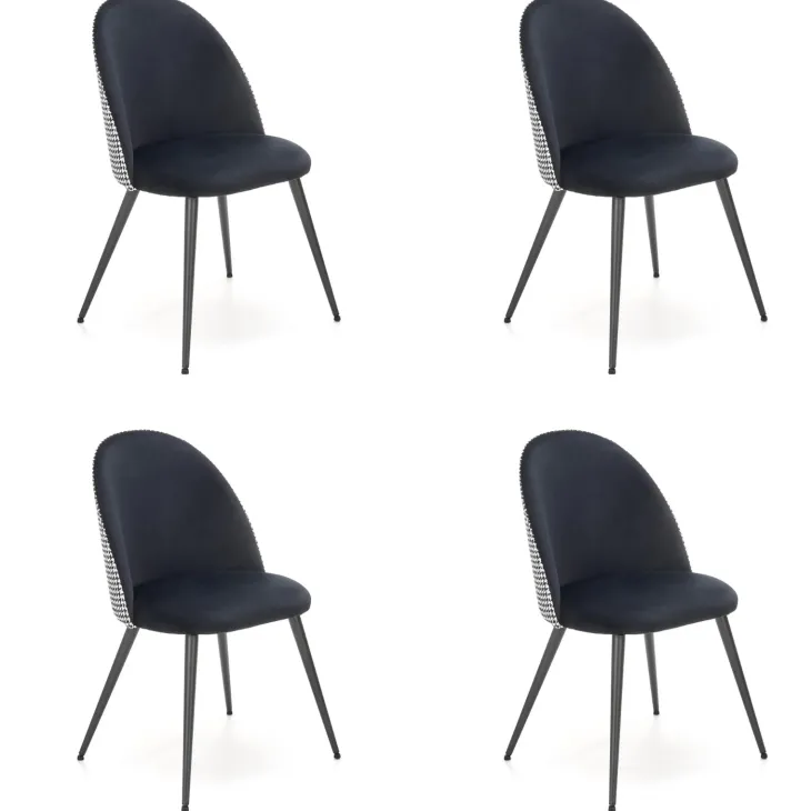 Set 4 sedie in velluto nero con schienale pied de poule bianco e nero Aleron
