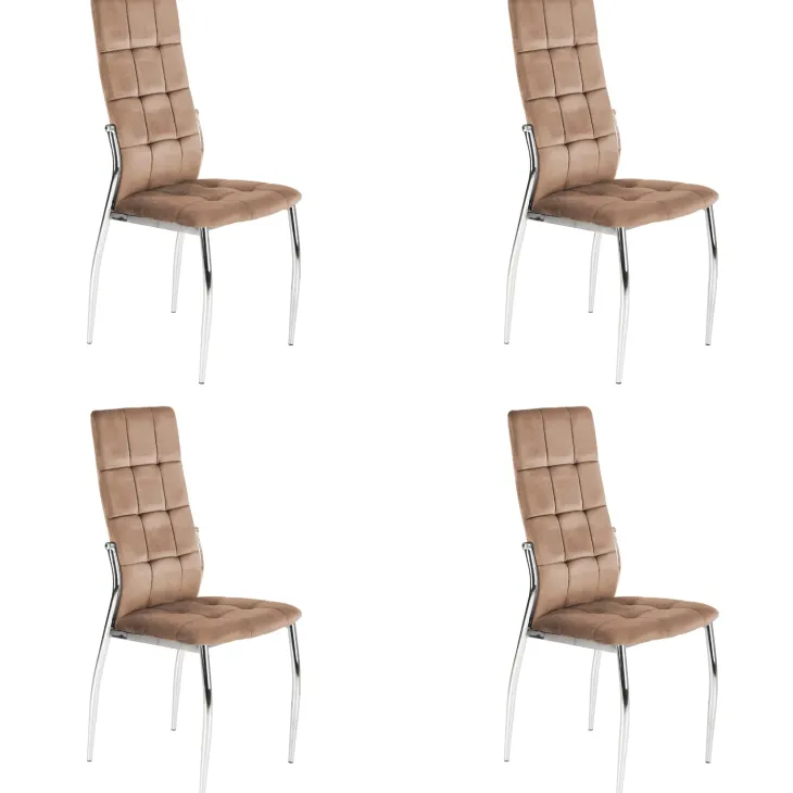 Set 4 sedie moderne imbottite in velluto beige acciaio cromato Reina