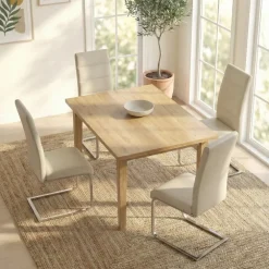 Set 4 sedie sala da pranzo a slitta in ecopelle e gambe in metallo beige Pamela