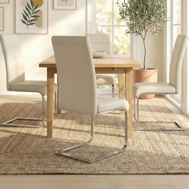 Set 4 sedie sala da pranzo a slitta in ecopelle e gambe in metallo beige Pamela