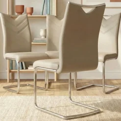 Set 4 sedie sala da pranzo imbottite in ecopelle beige con gambe in metallo Soraya