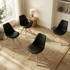 Set 4 sedie sala da pranzo in ecopelle design moderno nero gambe in legno rovere Nives