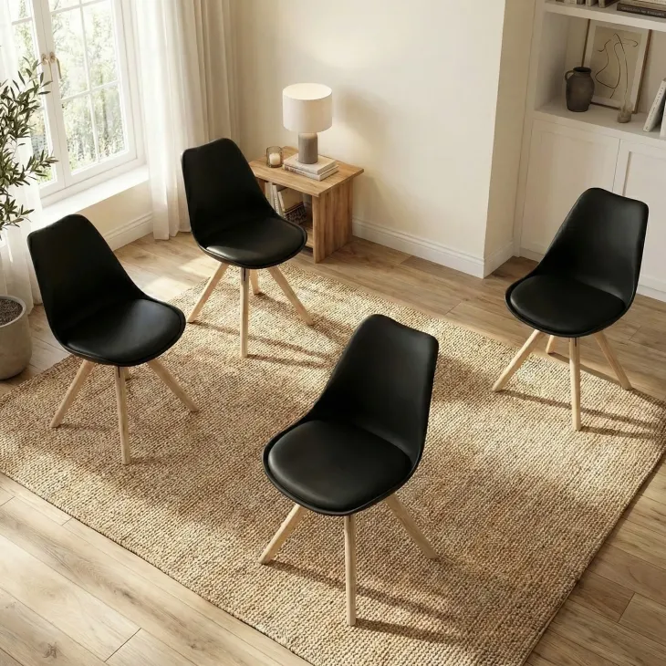 Set 4 sedie sala da pranzo in ecopelle design moderno nero gambe in legno rovere Nives