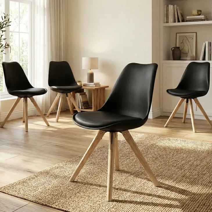 Set 4 sedie sala da pranzo in ecopelle design moderno nero gambe in legno rovere Nives