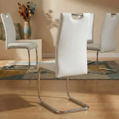 Set 4 sedie sala da pranzo in ecopelle e acciaio cromato bianco Deva