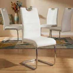 Set 4 sedie sala da pranzo in ecopelle e acciaio cromato bianco Deva