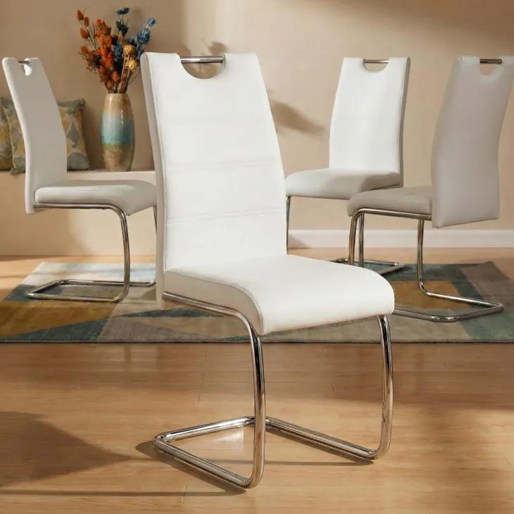 Set 4 sedie sala da pranzo in ecopelle e acciaio cromato bianco Deva