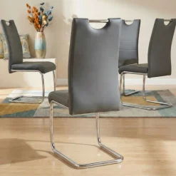 Set 4 sedie sala da pranzo in ecopelle e acciaio cromato grigio Deva