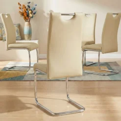 Set 4 sedie sala da pranzo in ecopelle e acciaio cromato beige Deva