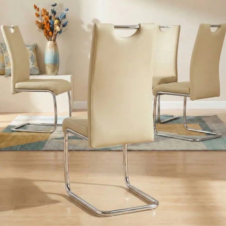 Set 4 sedie sala da pranzo in ecopelle e acciaio cromato beige Deva