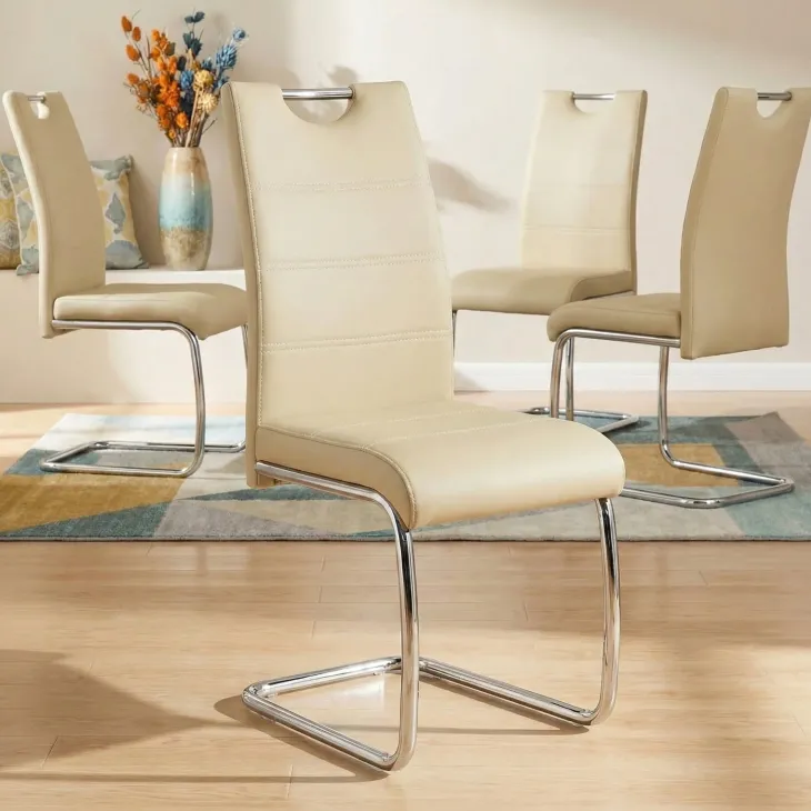 Set 4 sedie sala da pranzo in ecopelle e acciaio cromato beige Deva
