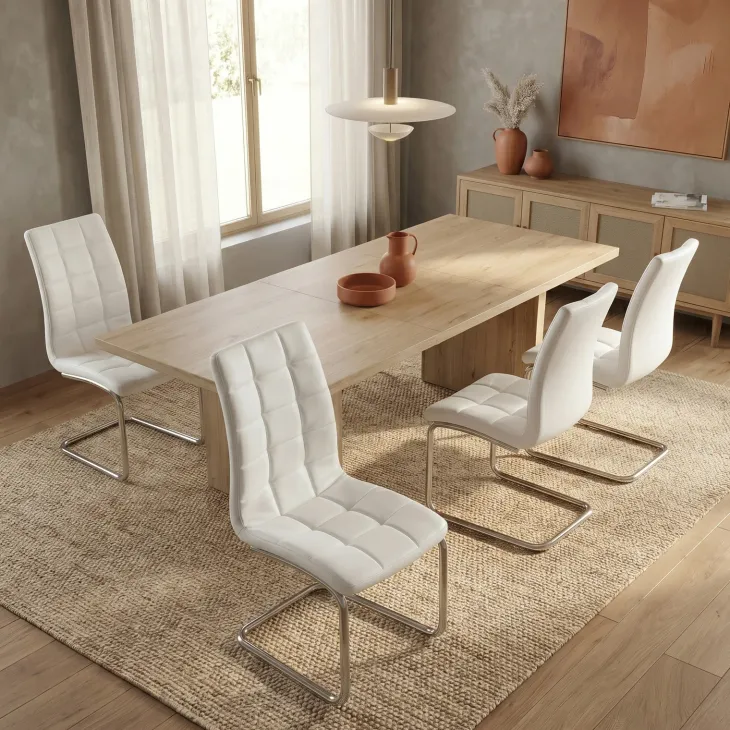 Set 4 sedie sala da pranzo in ecopelle imbottite e metallo bianco Gloria
