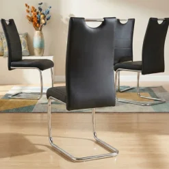 Set 4 sedie sala da pranzo in ecopelle e acciaio cromato nero Deva