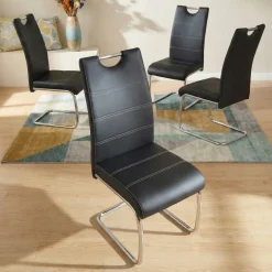 Set 4 sedie sala da pranzo in ecopelle e acciaio cromato nero Deva